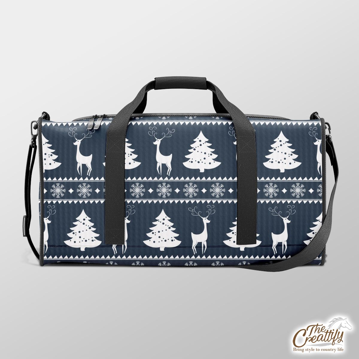 White Deer And Christmas Tree Pattern Duffle Bag