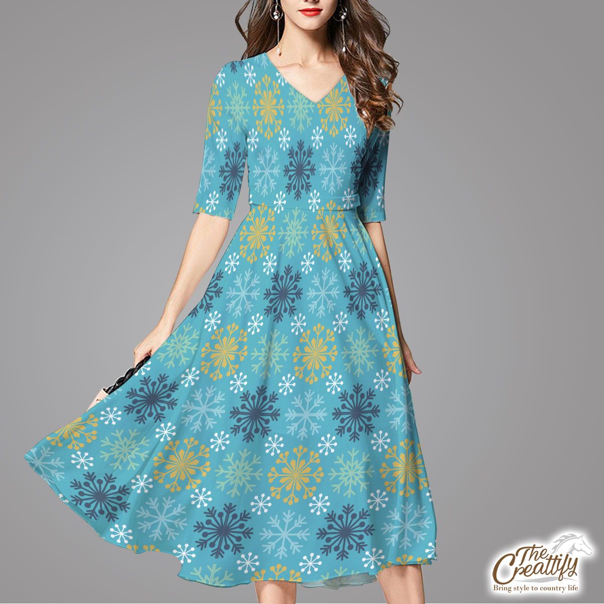 Blue And Yellow Snowflake Pattern Flare Dress