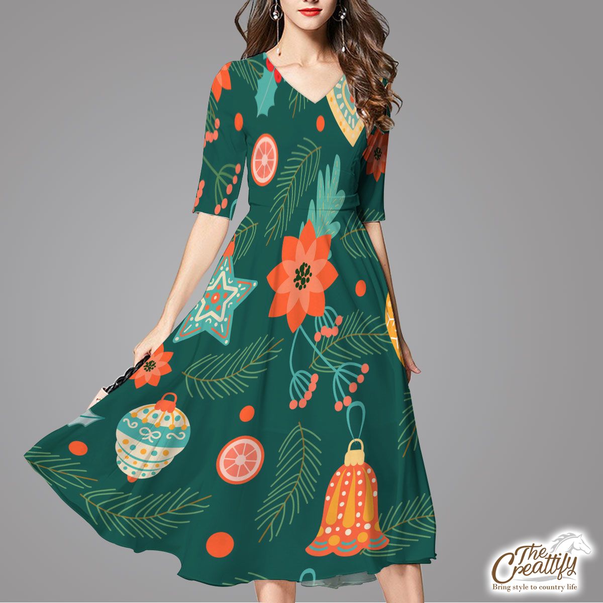 Christmas Balls With Pine Branch Flare Dress