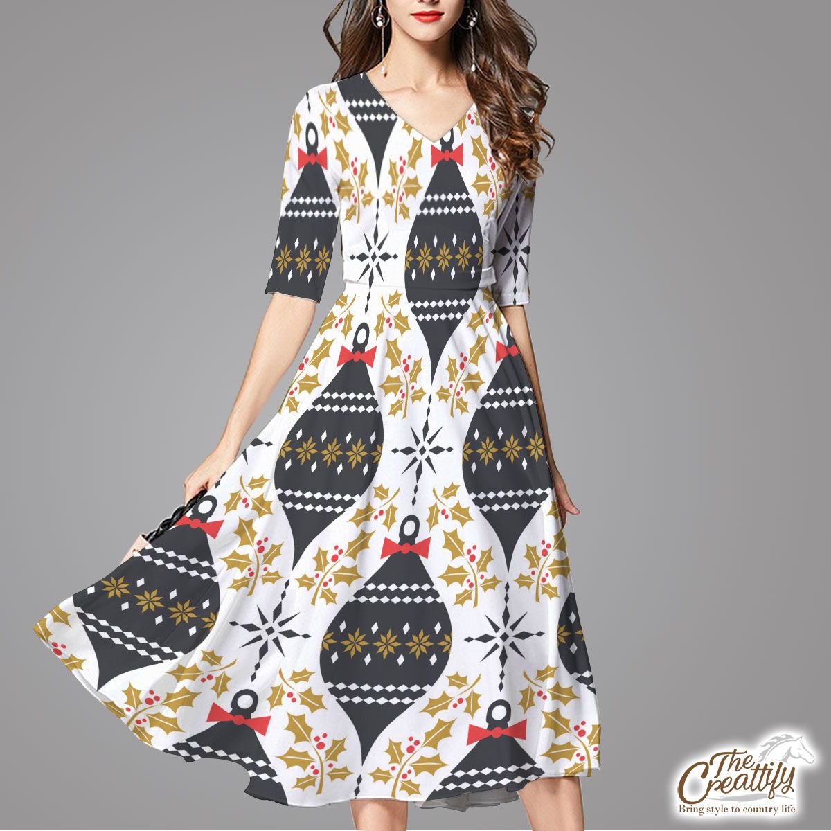 Holly Leaf And Christmas Balls Pattern Flare Dress