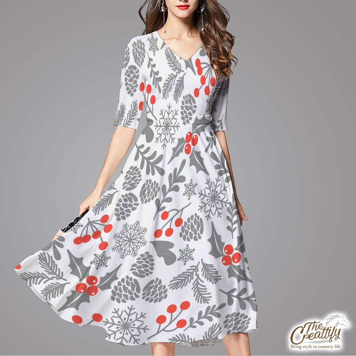 Holly Leaf With Red Berries And Pine Cone Pattern Flare Dress