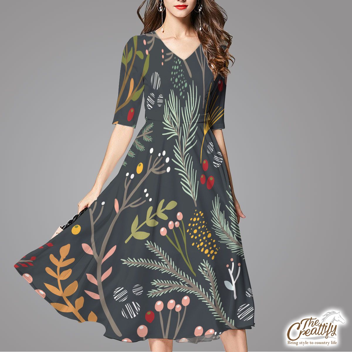 Pine Branch With Red Berries Pattern Flare Dress