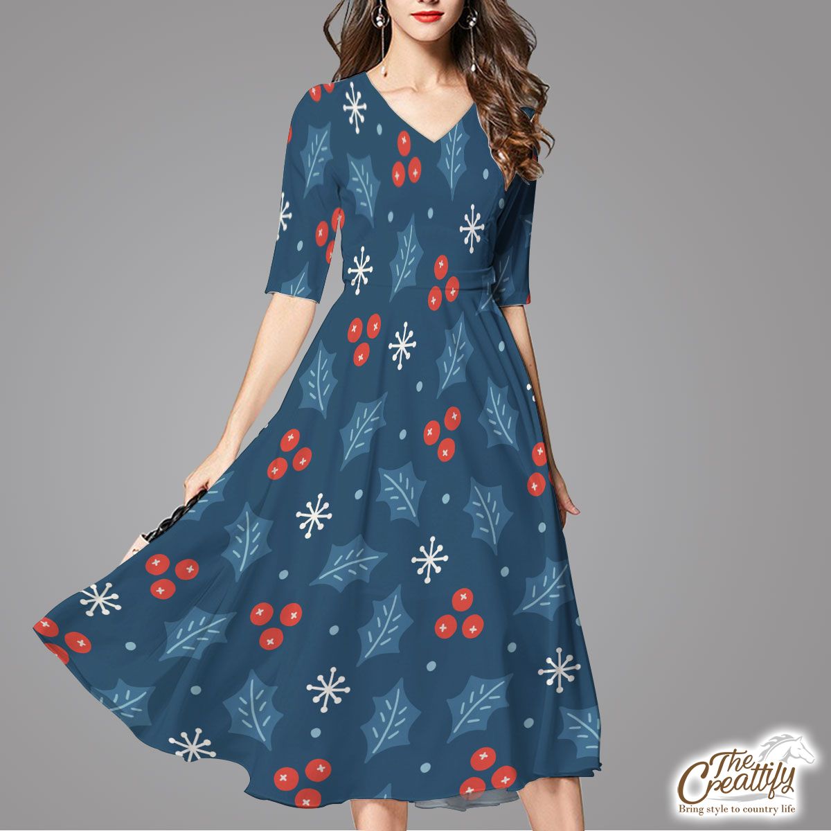Snowflake And Holly Leaf Pattern Flare Dress