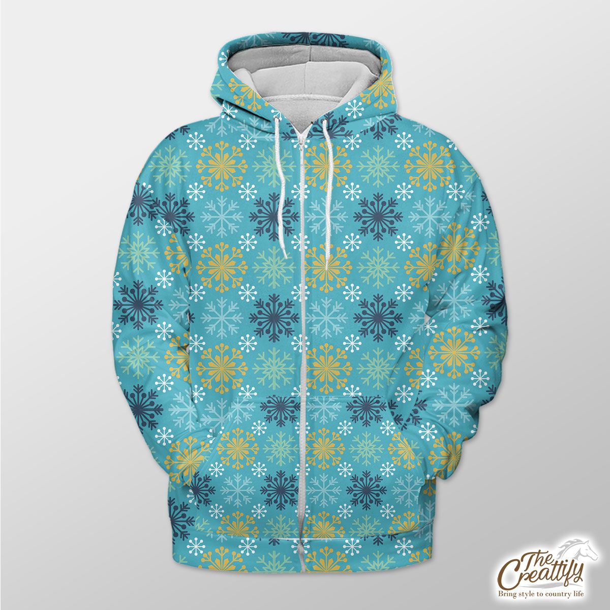 Blue And Yellow Snowflake Pattern Zip Hoodie