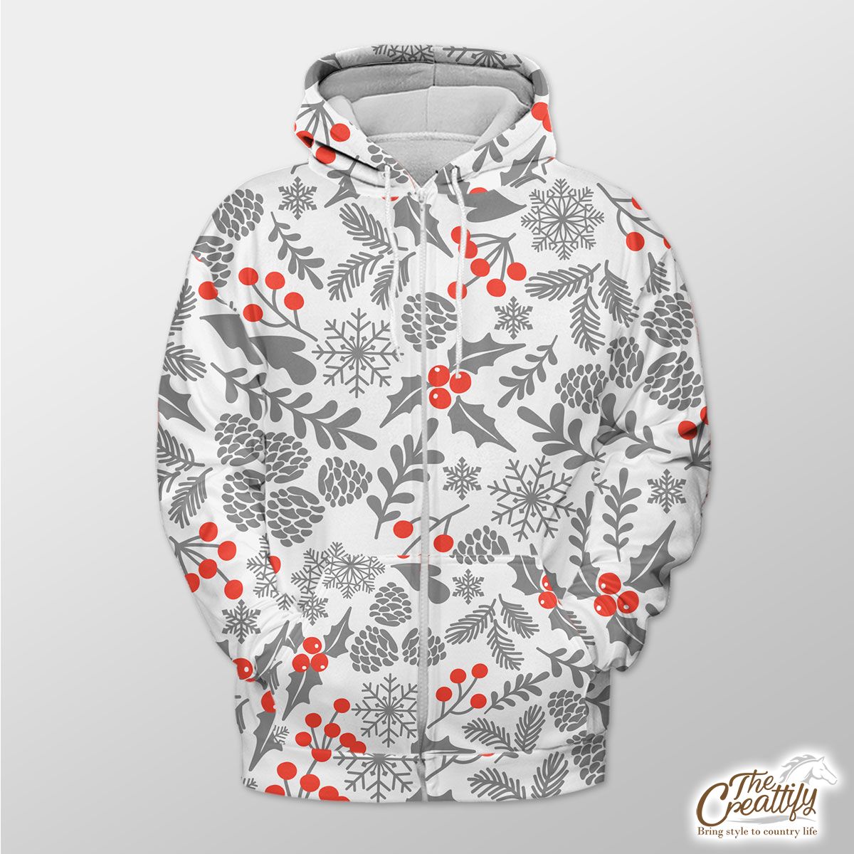 Holly Leaf With Red Berries And Pine Cone Pattern Zip Hoodie