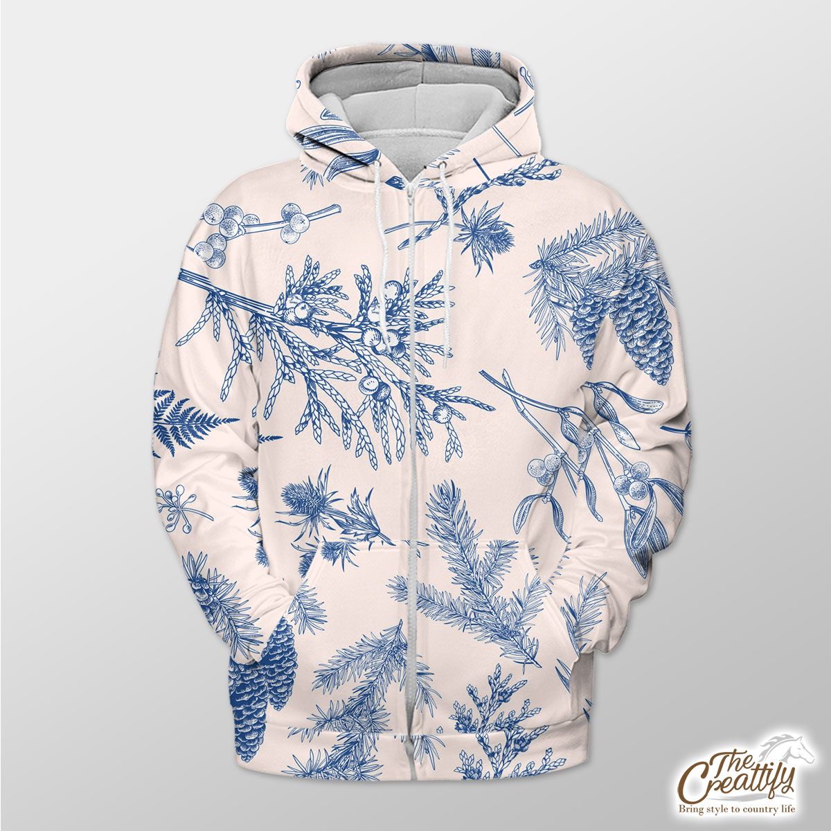 Pine Cone And Pine Branch Pattern Zip Hoodie