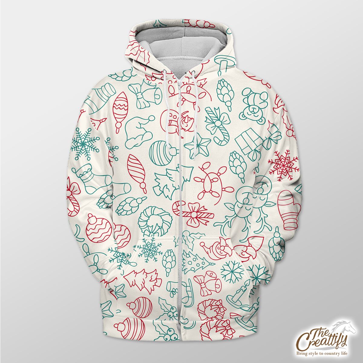 Snowflakes, Candy Cane, Baubles, Christmas Tree Pattern Zip Hoodie