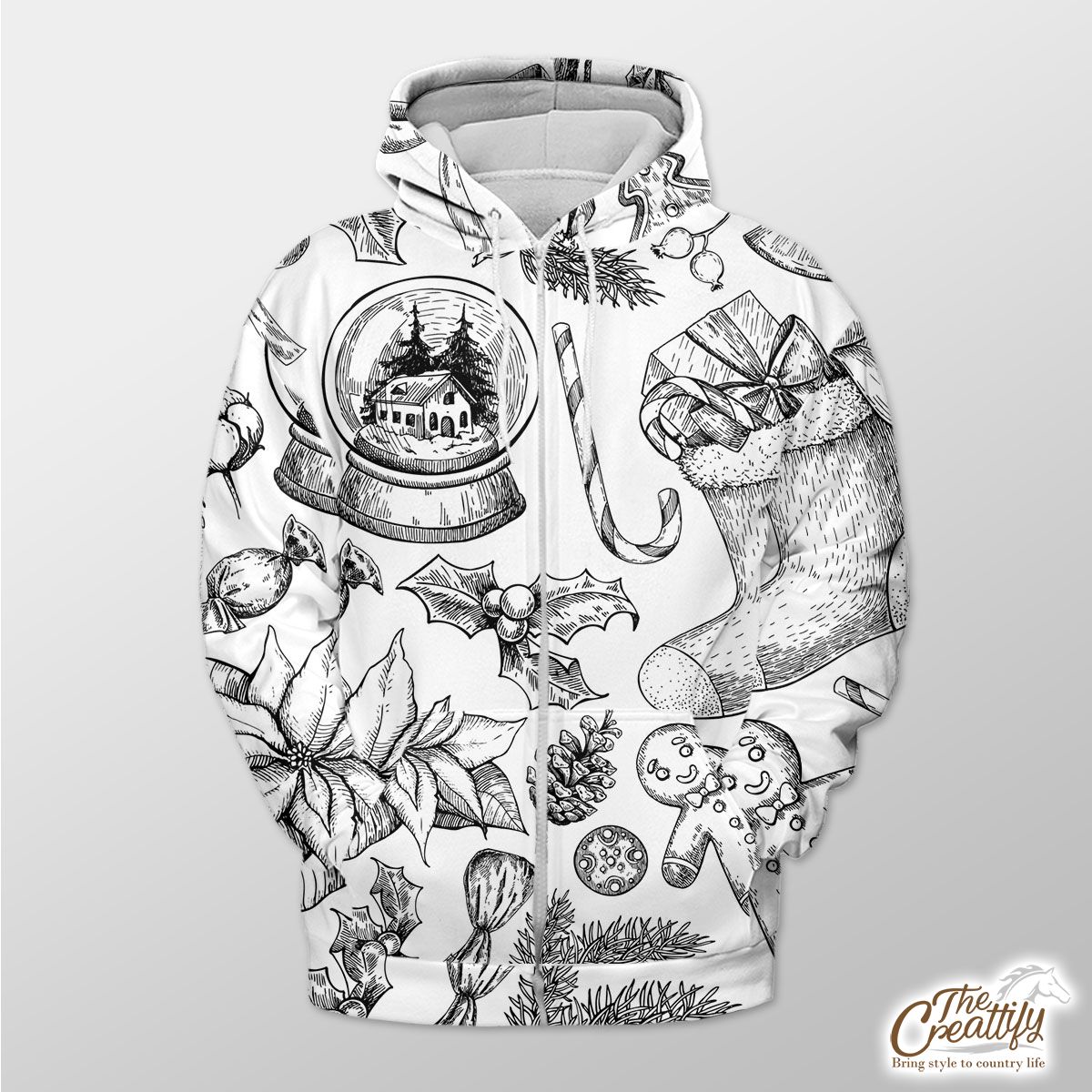 Snowglobe, Candy Cande, Gingerbread Man And Holly Leaf Pattern Zip Hoodie
