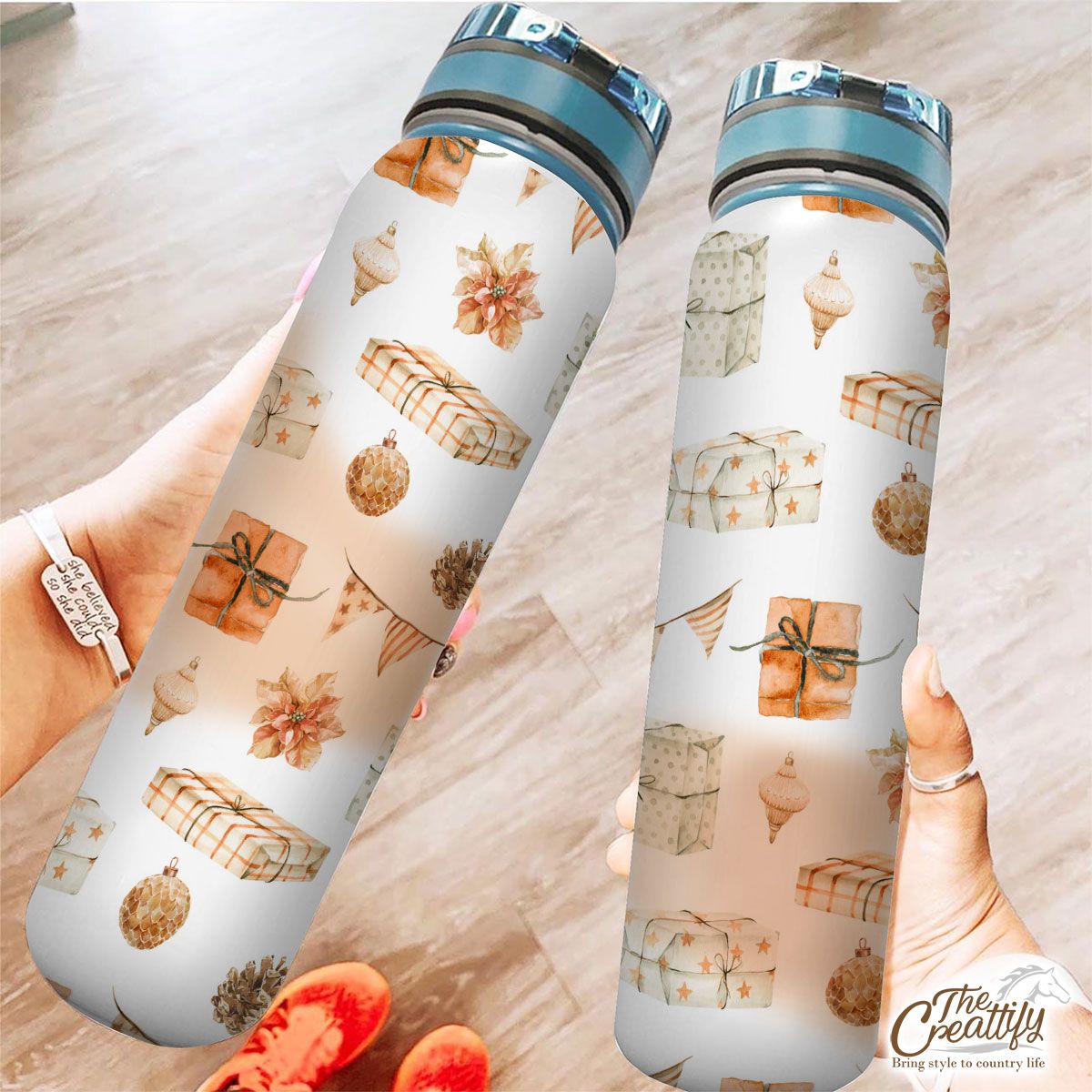 Christmas Presents, Baubles And Pine Cone Pattern Tracker Bottle