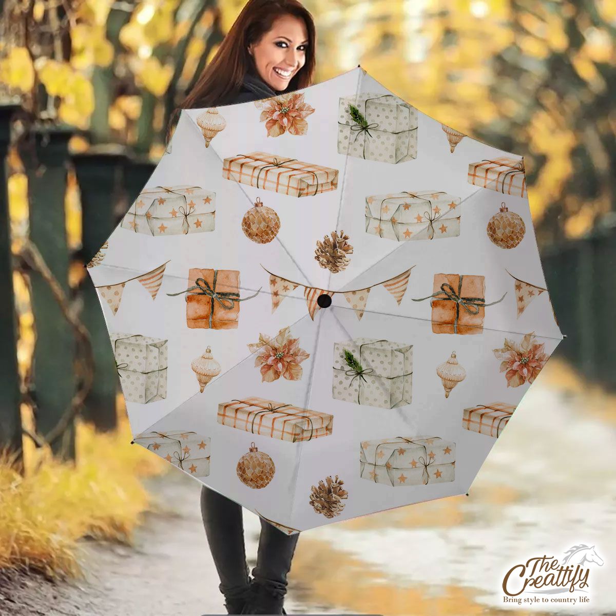 Christmas Presents, Baubles And Pine Cone Pattern Umbrella