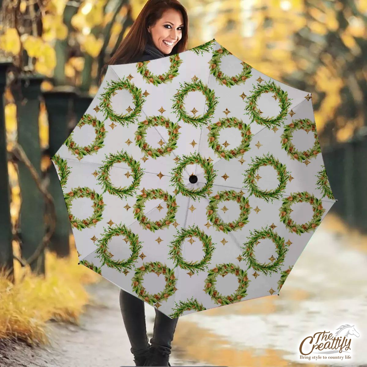 Christmas Wreath And Gold Star Pattern Umbrella