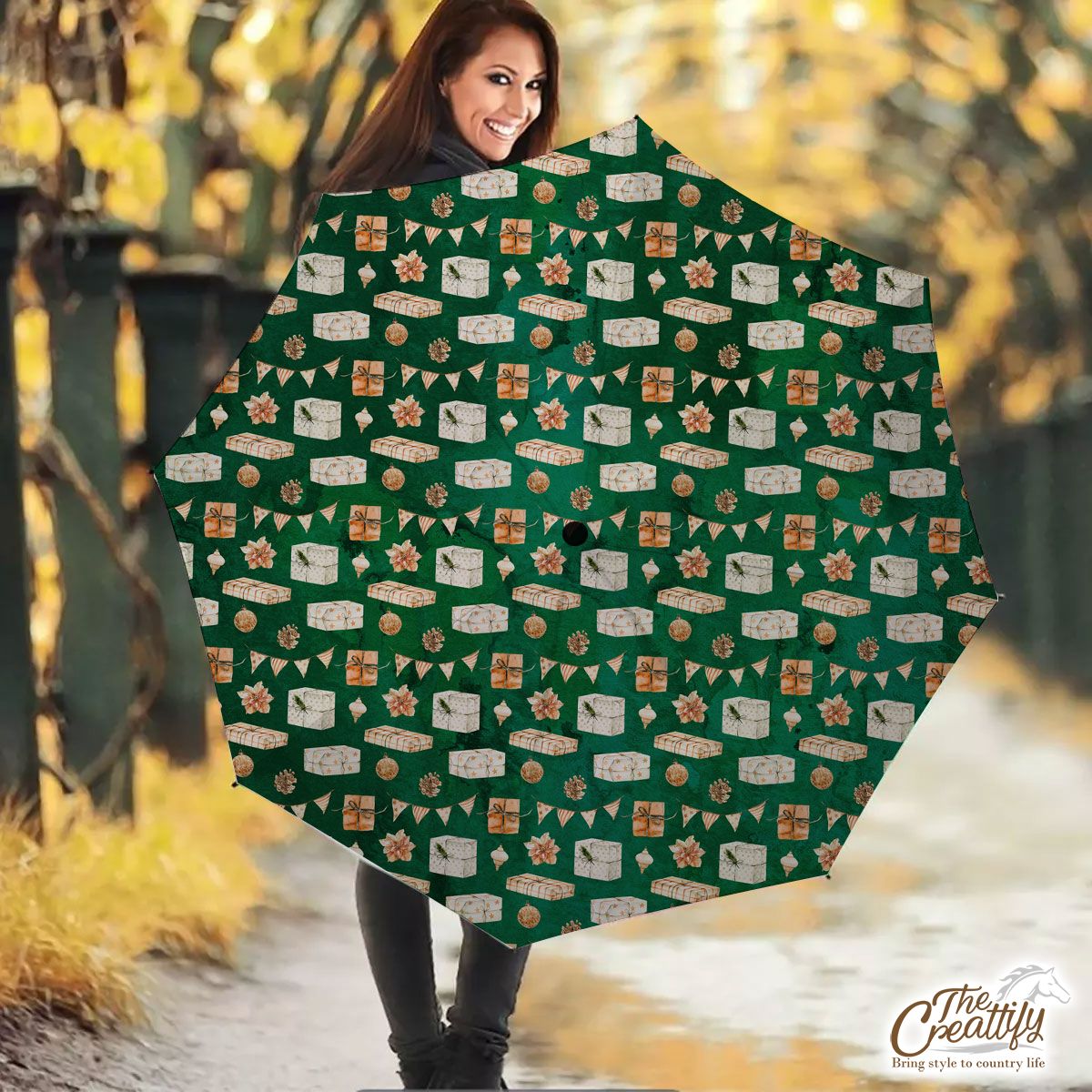 Pine Cone, Christmas Gifts With Flags Pattern Umbrella