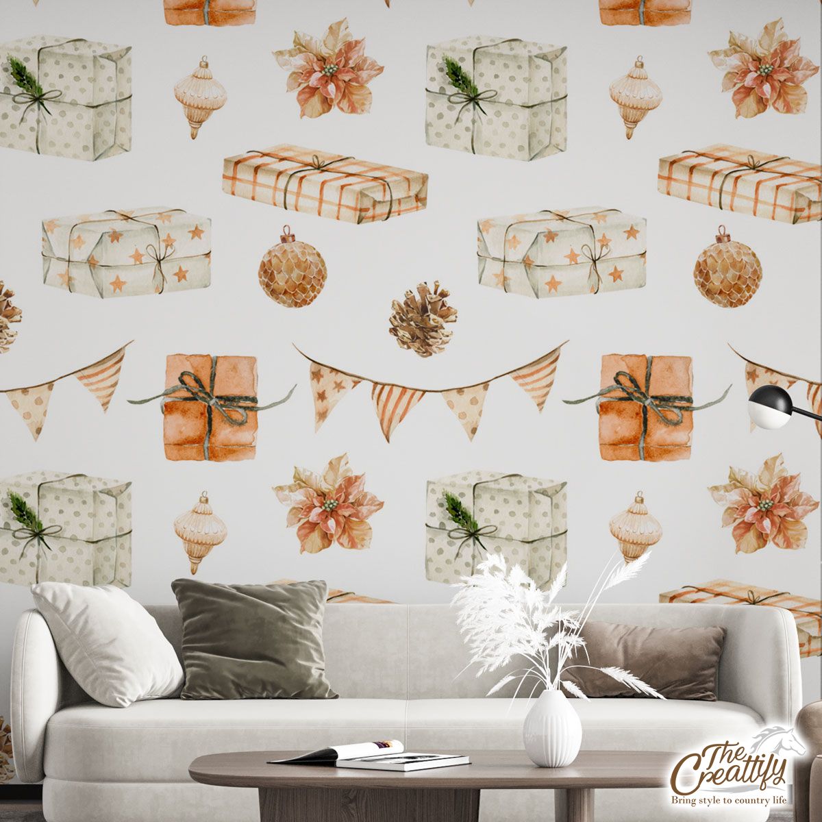 Christmas Presents, Baubles And Pine Cone Pattern Wall Mural