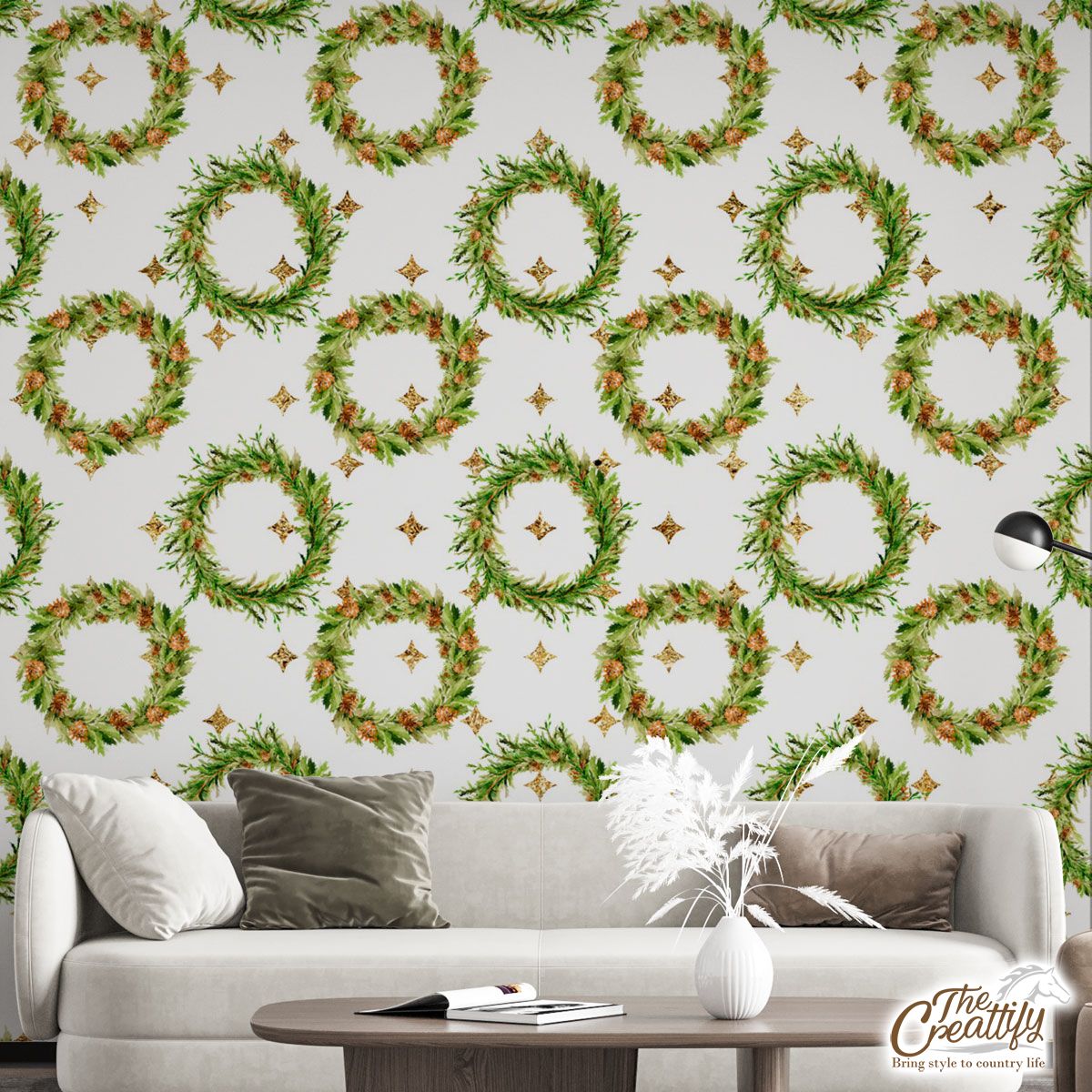 Christmas Wreath And Gold Star Pattern Wall Mural