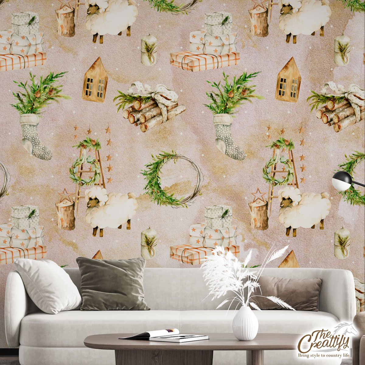 Cinnamon, Wreath And Christmas Gifts  Pattern Wall Mural