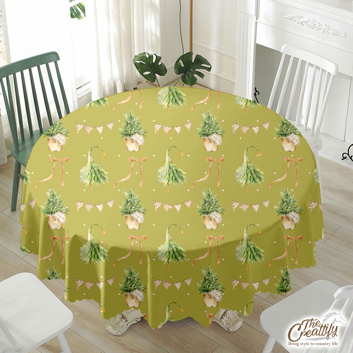 Christmas Tree, Christmas Bow And Flag Pattern Waterproof Tablecloth