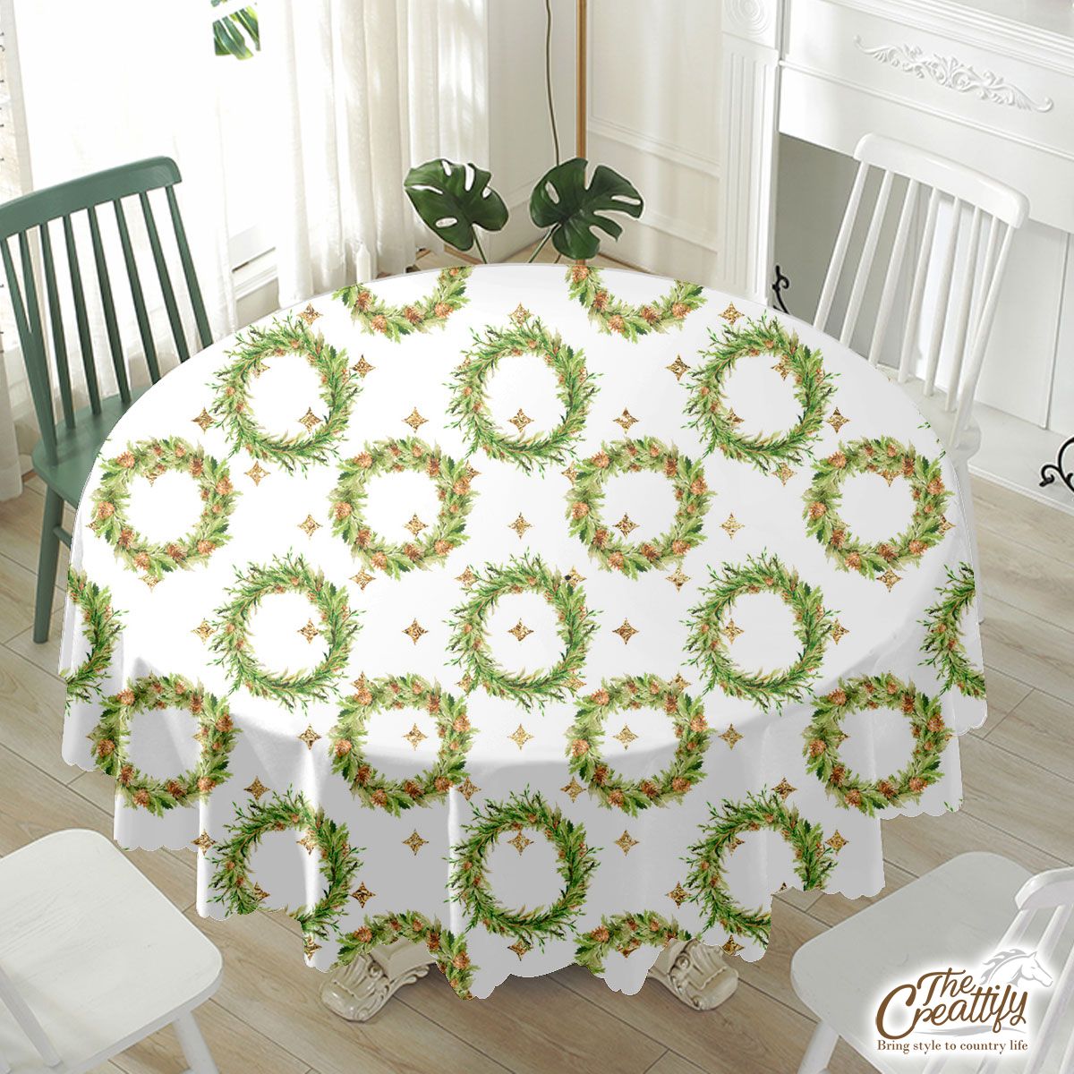 Christmas Wreath And Gold Star Pattern Waterproof Tablecloth