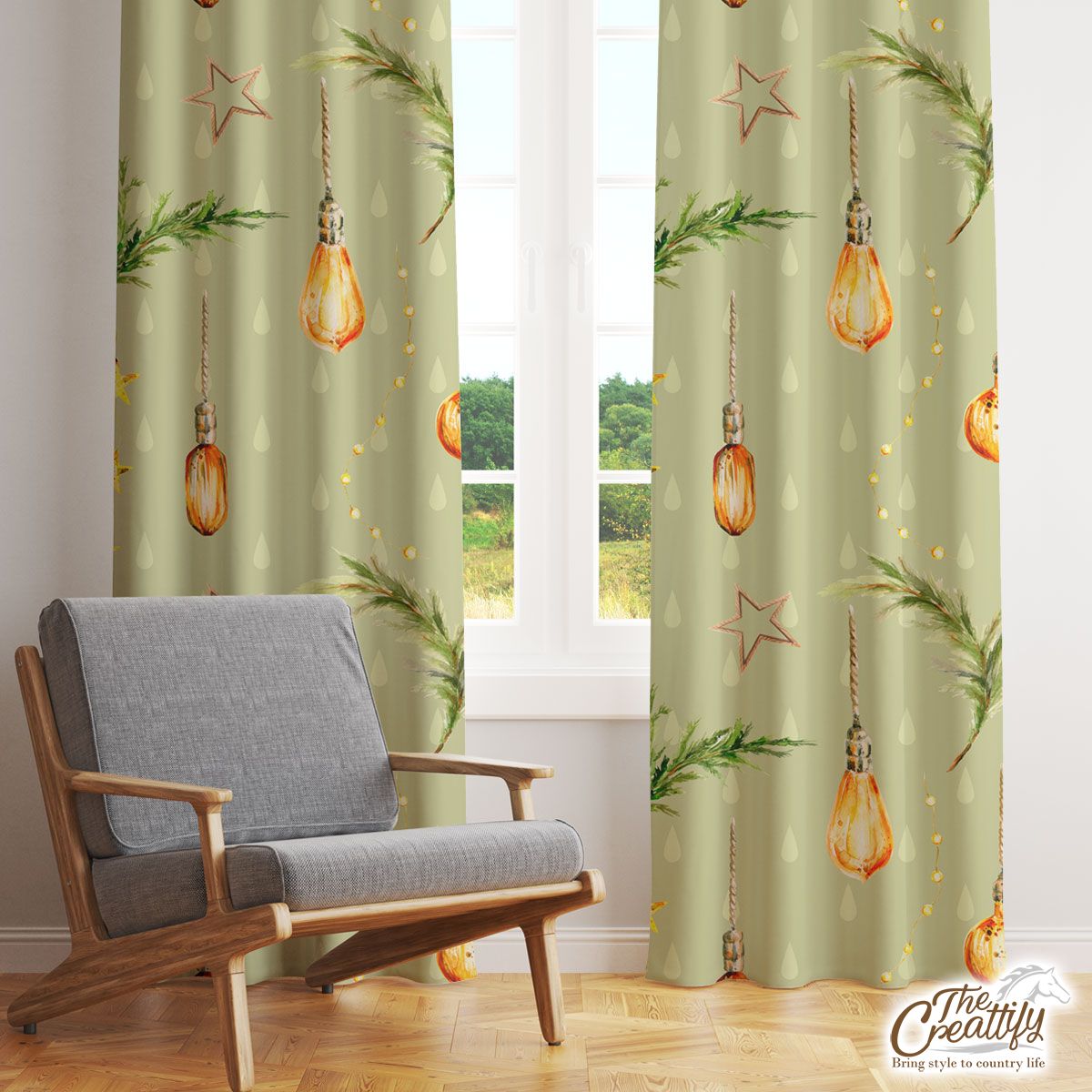 Christmas Lights With Pine Tree Pattern Window Curtain
