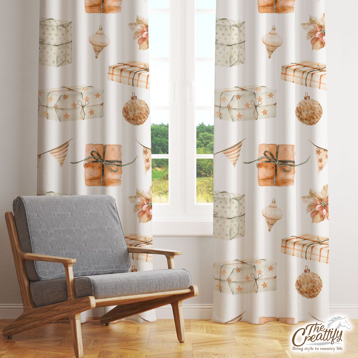 Christmas Presents, Baubles And Pine Cone Pattern Window Curtain