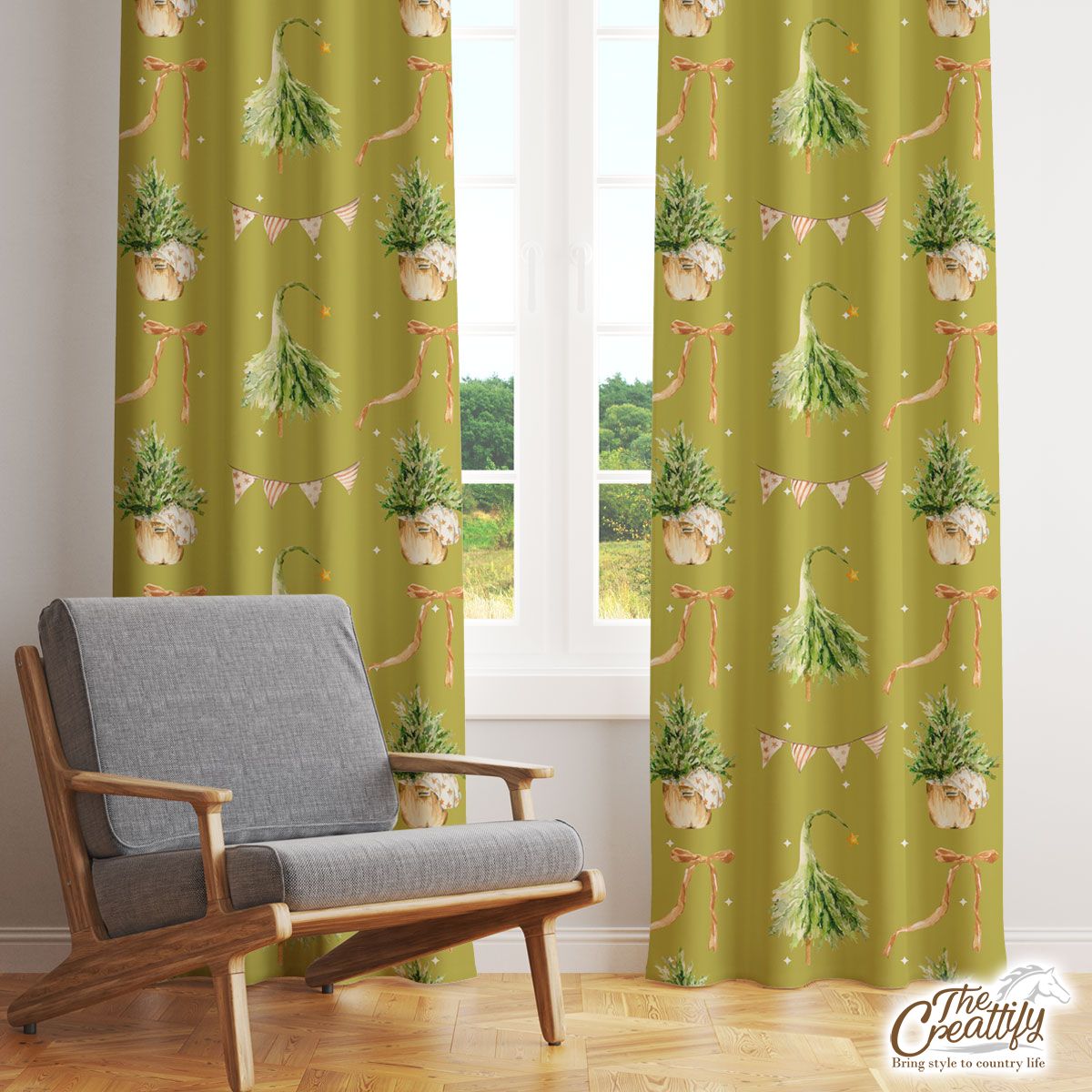 Christmas Tree, Christmas Bow And Flag Pattern Window Curtain