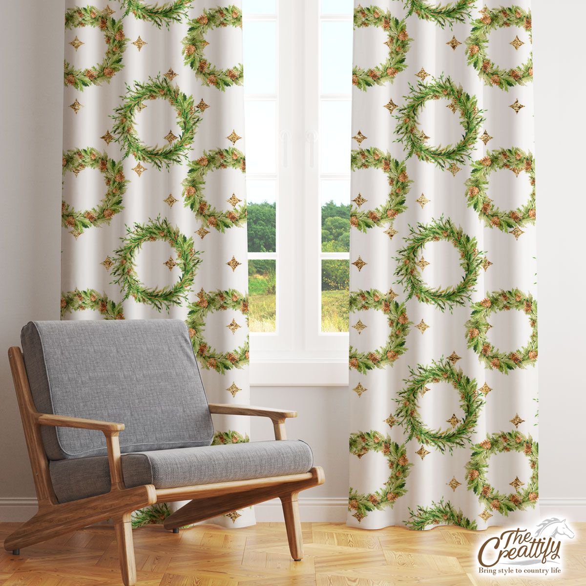 Christmas Wreath And Gold Star Pattern Window Curtain