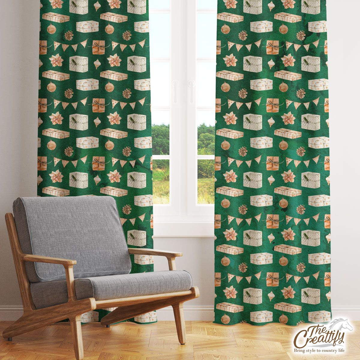 Pine Cone, Christmas Gifts With Flags Pattern Window Curtain