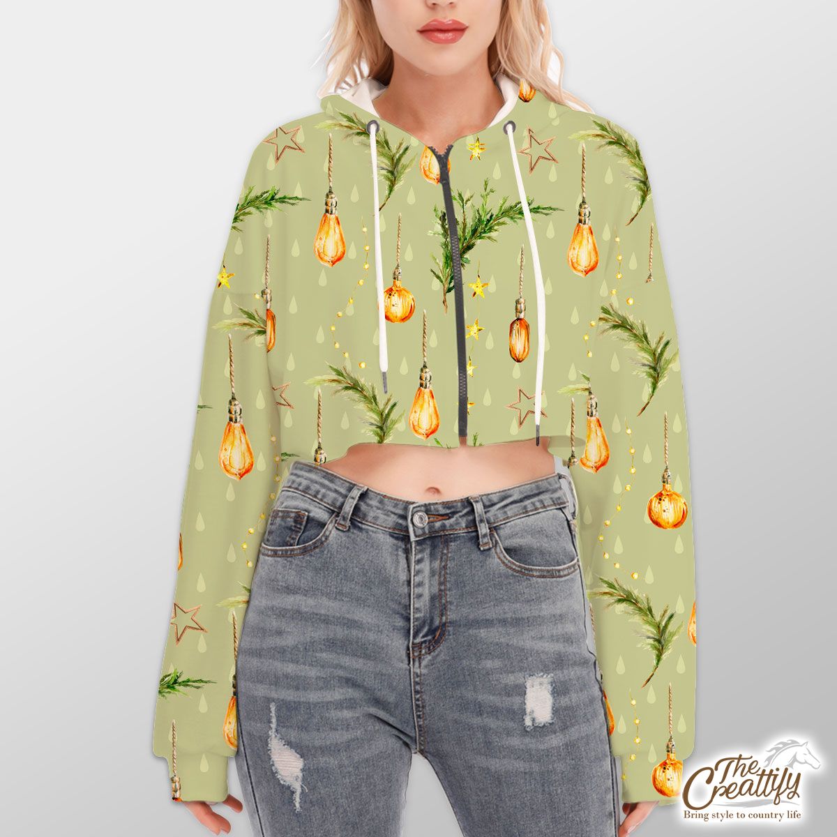 Christmas Lights With Pine Tree Pattern Hoodie With Zipper Closure
