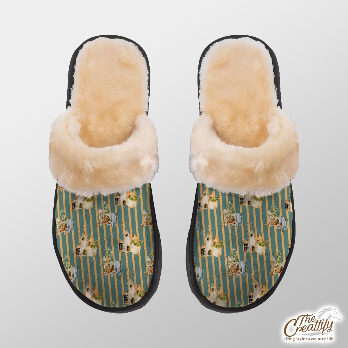 Christmas House On Stripe Pattern Home Plush Slippers