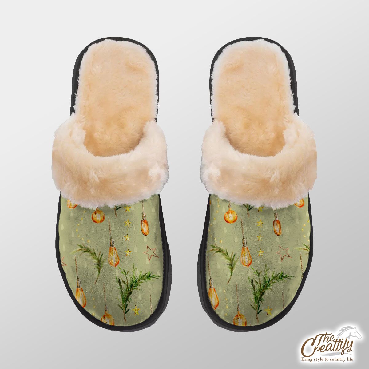 Christmas Lights With Pine Tree Pattern Home Plush Slippers