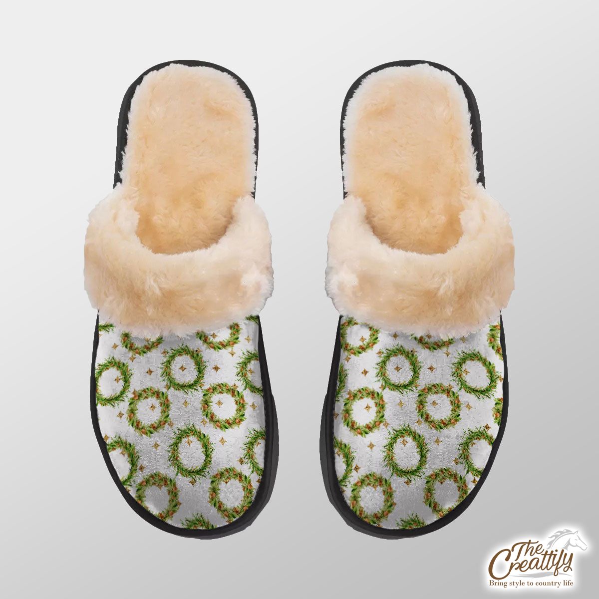 Christmas Wreath And Gold Star Pattern Home Plush Slippers