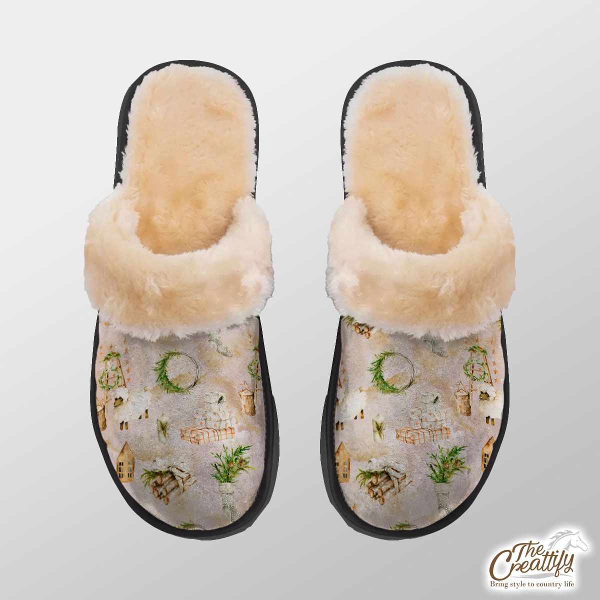 Cinnamon, Wreath And Christmas Gifts  Pattern Home Plush Slippers