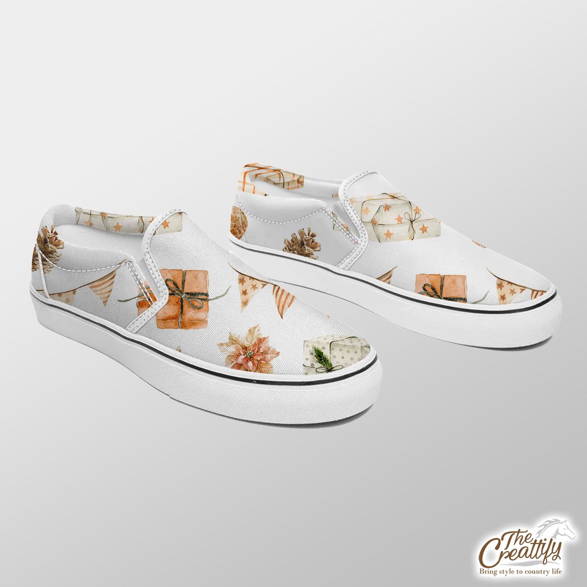 Christmas Presents, Baubles And Pine Cone Pattern Slip On Sneakers
