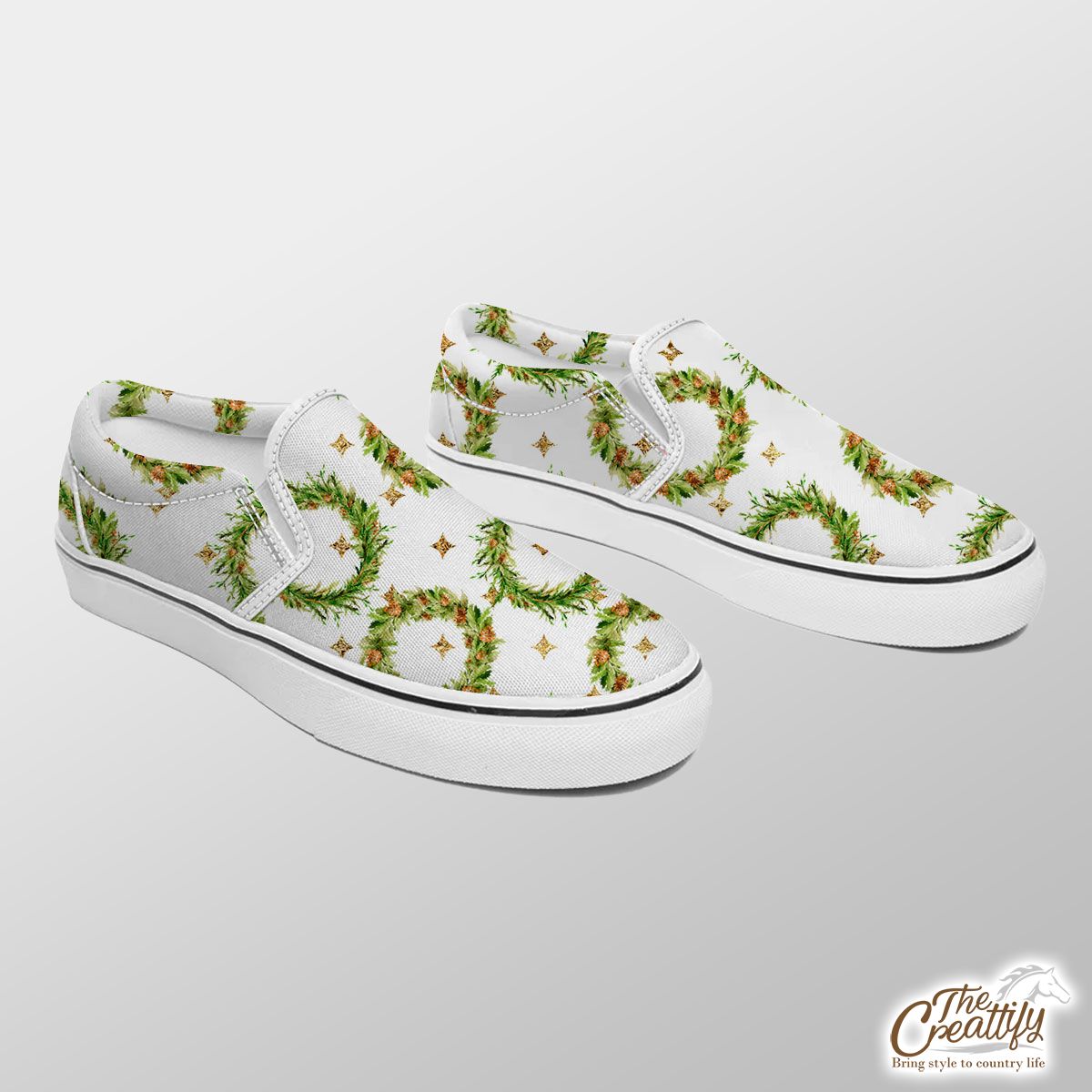 Christmas Wreath And Gold Star Pattern Slip On Sneakers