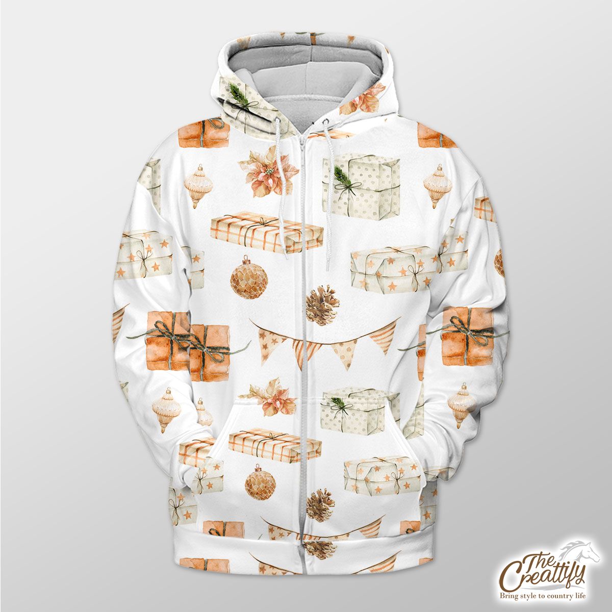 Christmas Presents, Baubles And Pine Cone Pattern Zip Hoodie