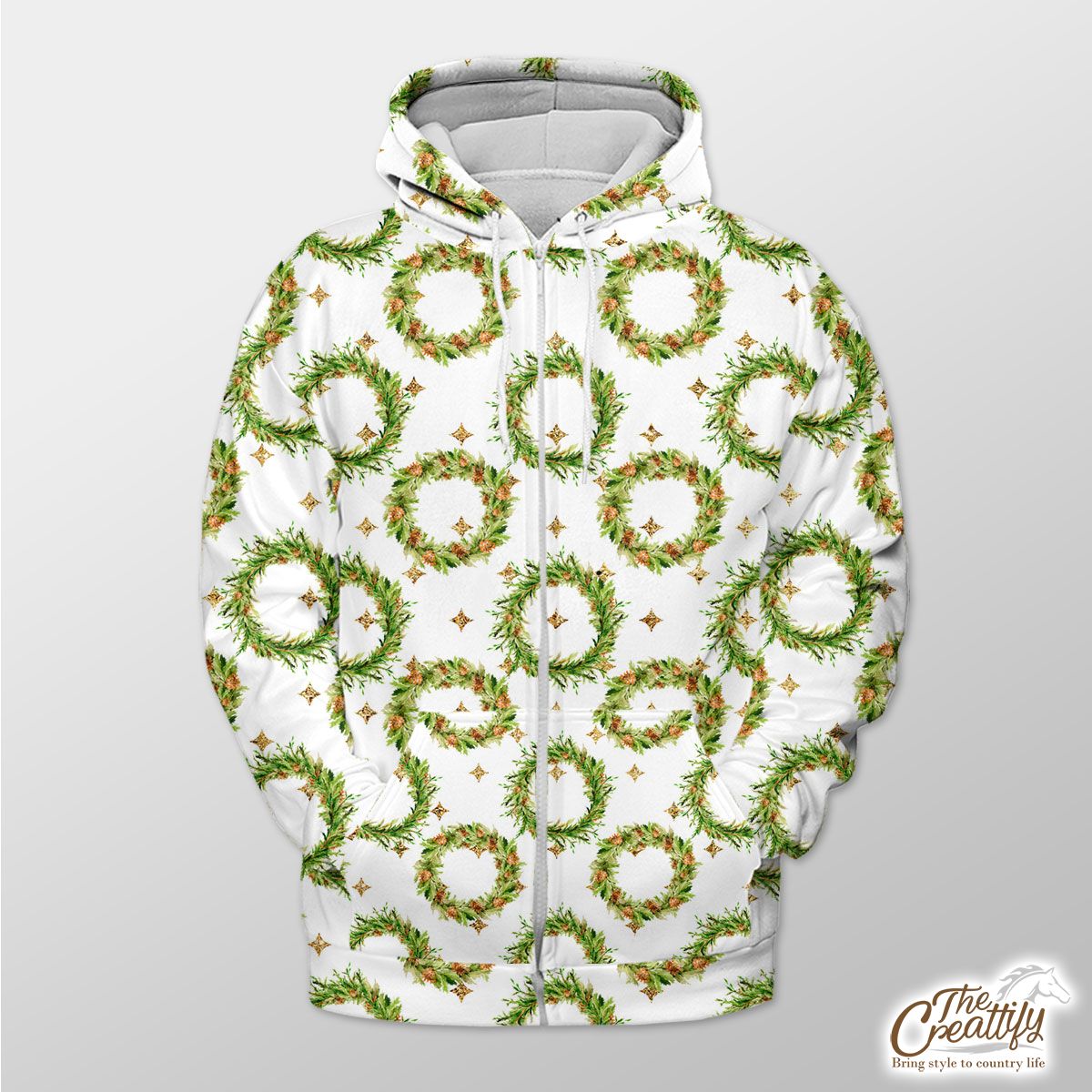 Christmas Wreath And Gold Star Pattern Zip Hoodie