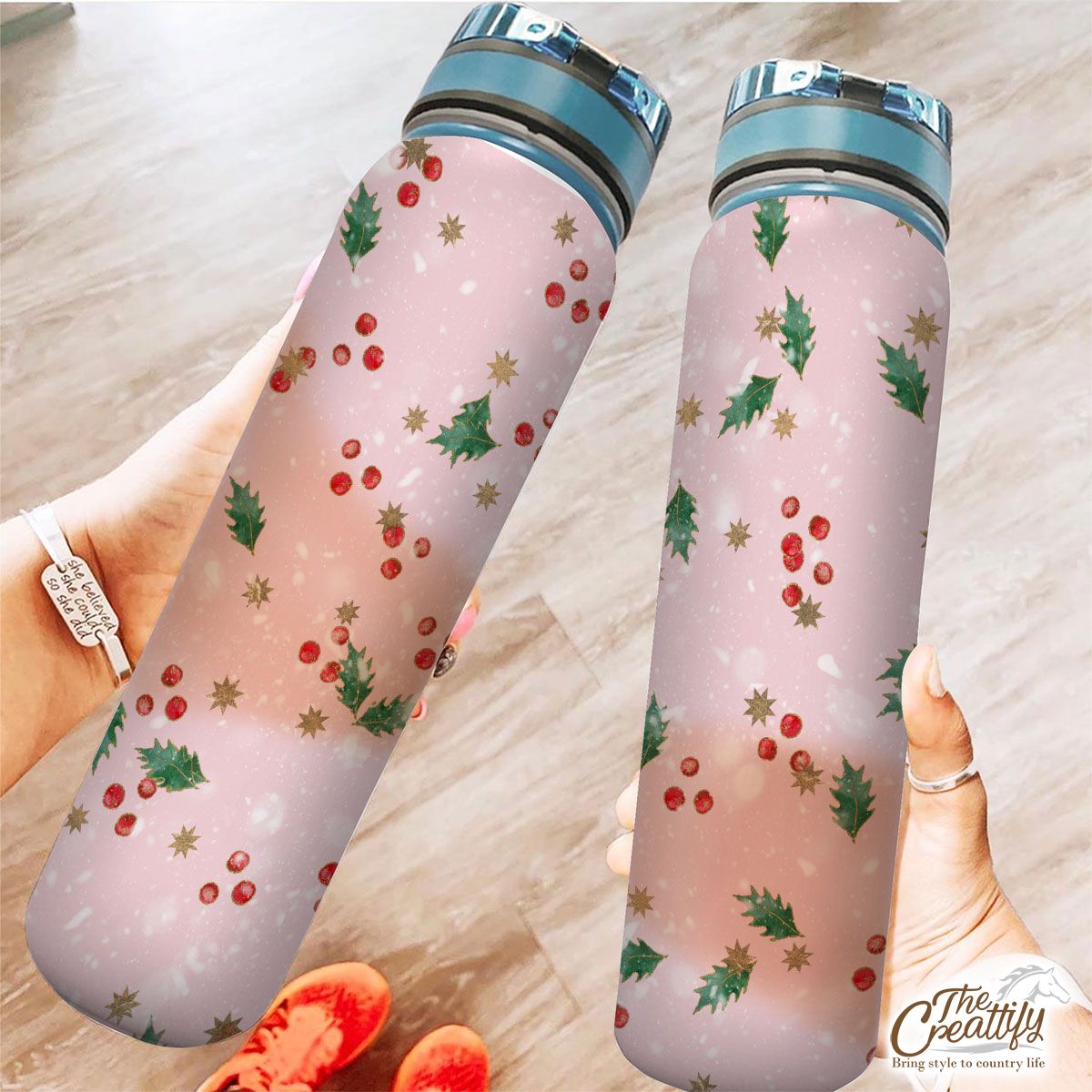 Holly Leaf With Christmas Star Pattern Tracker Bottle