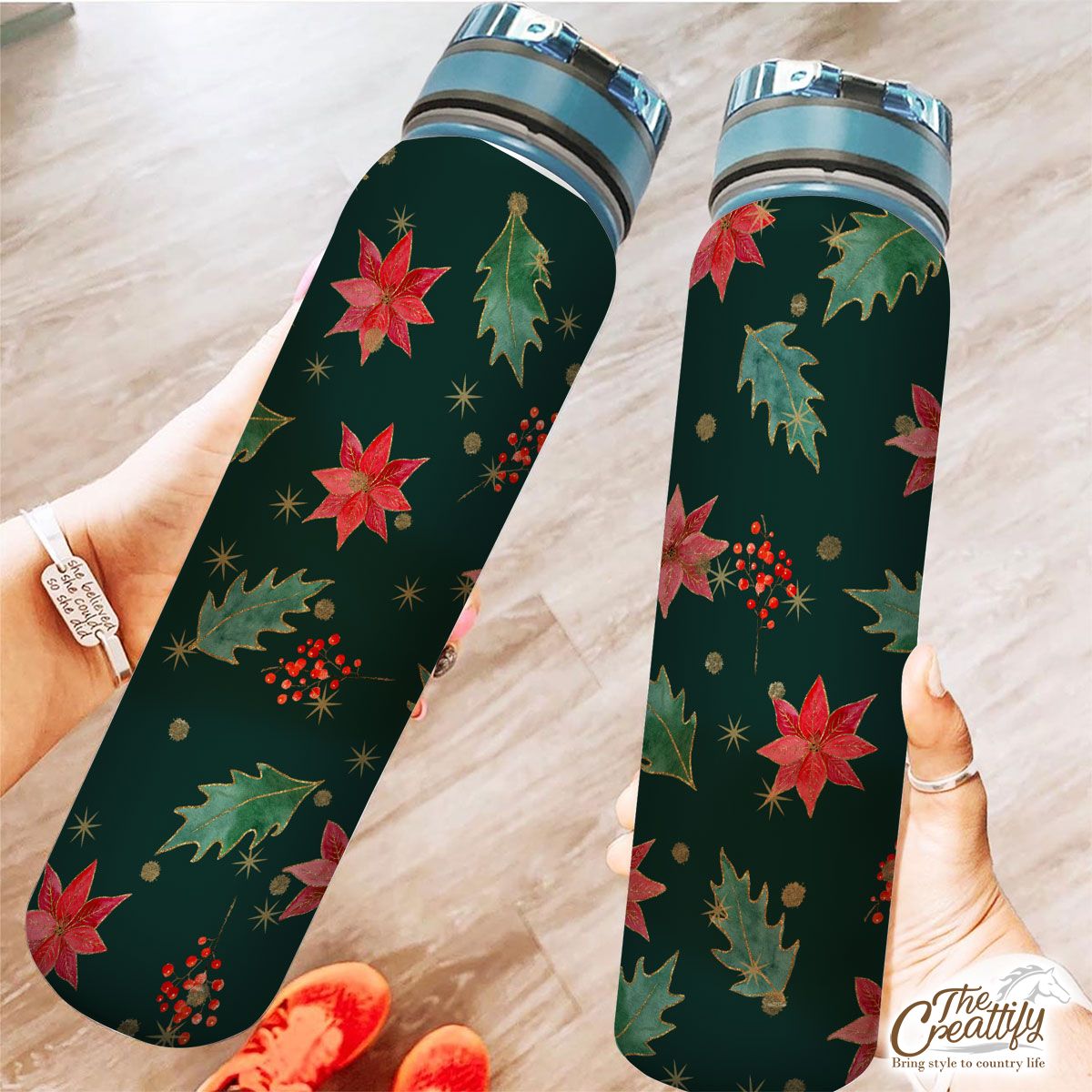 Poinsettias For Christmas And Holly Leaf Pattern Tracker Bottle