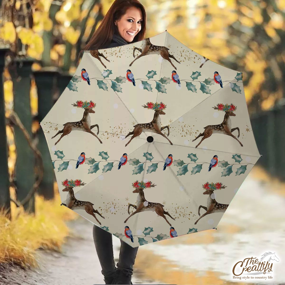 Christmas Deer And Bullfinch Pattern Umbrella