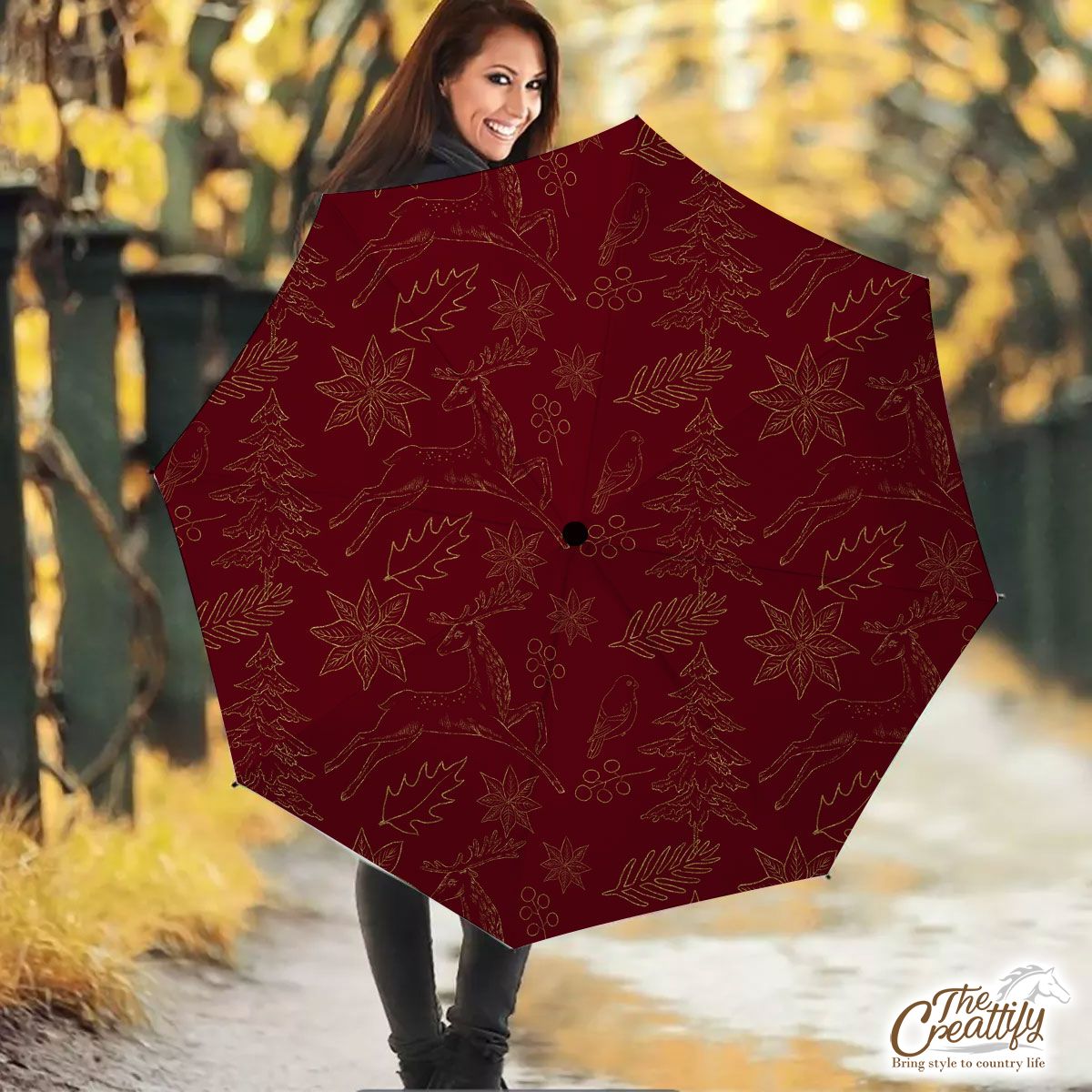 Poinsettia, Deer And Holly Leaf Pattern Umbrella