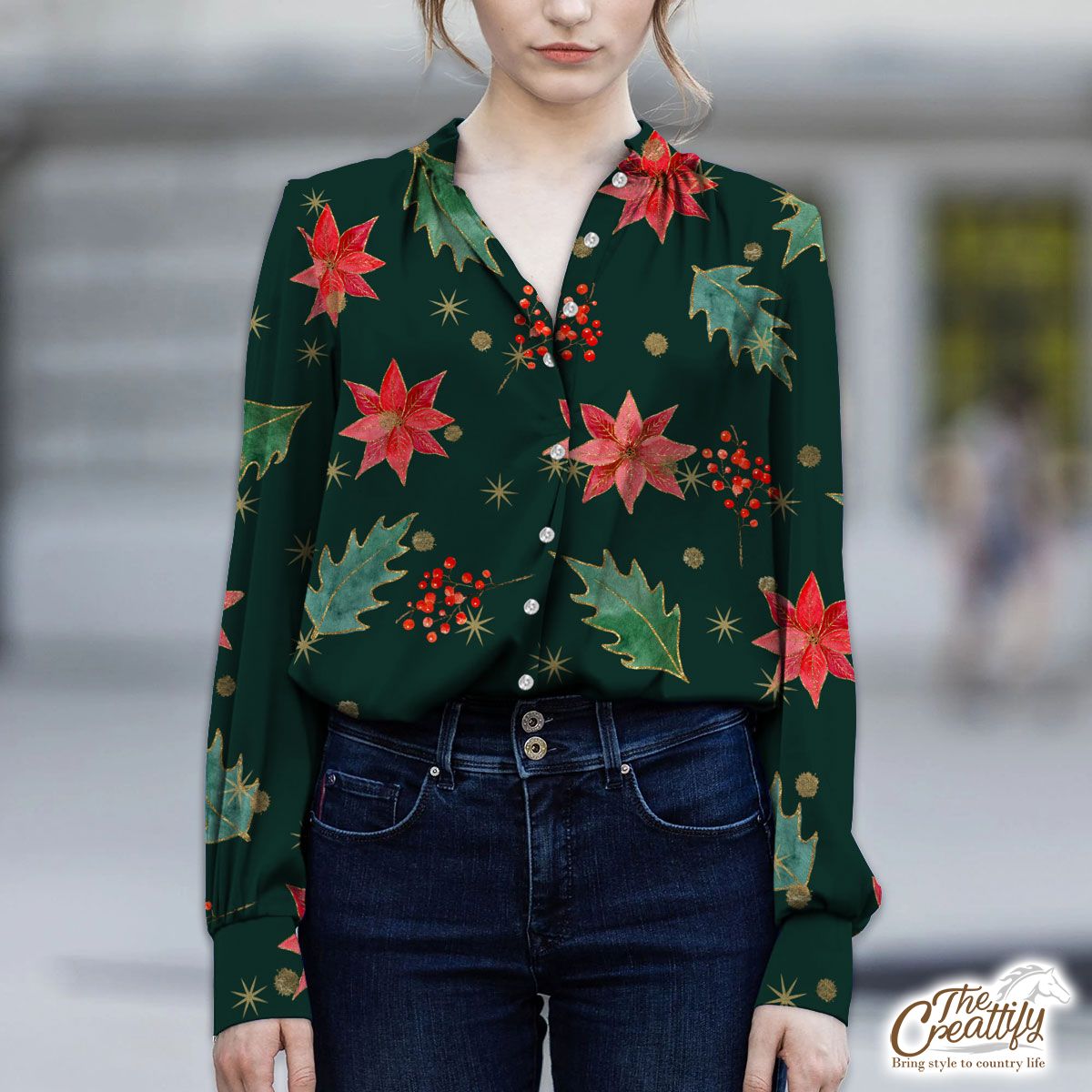 Poinsettias For Christmas And Holly Leaf Pattern V-Neckline Blouses