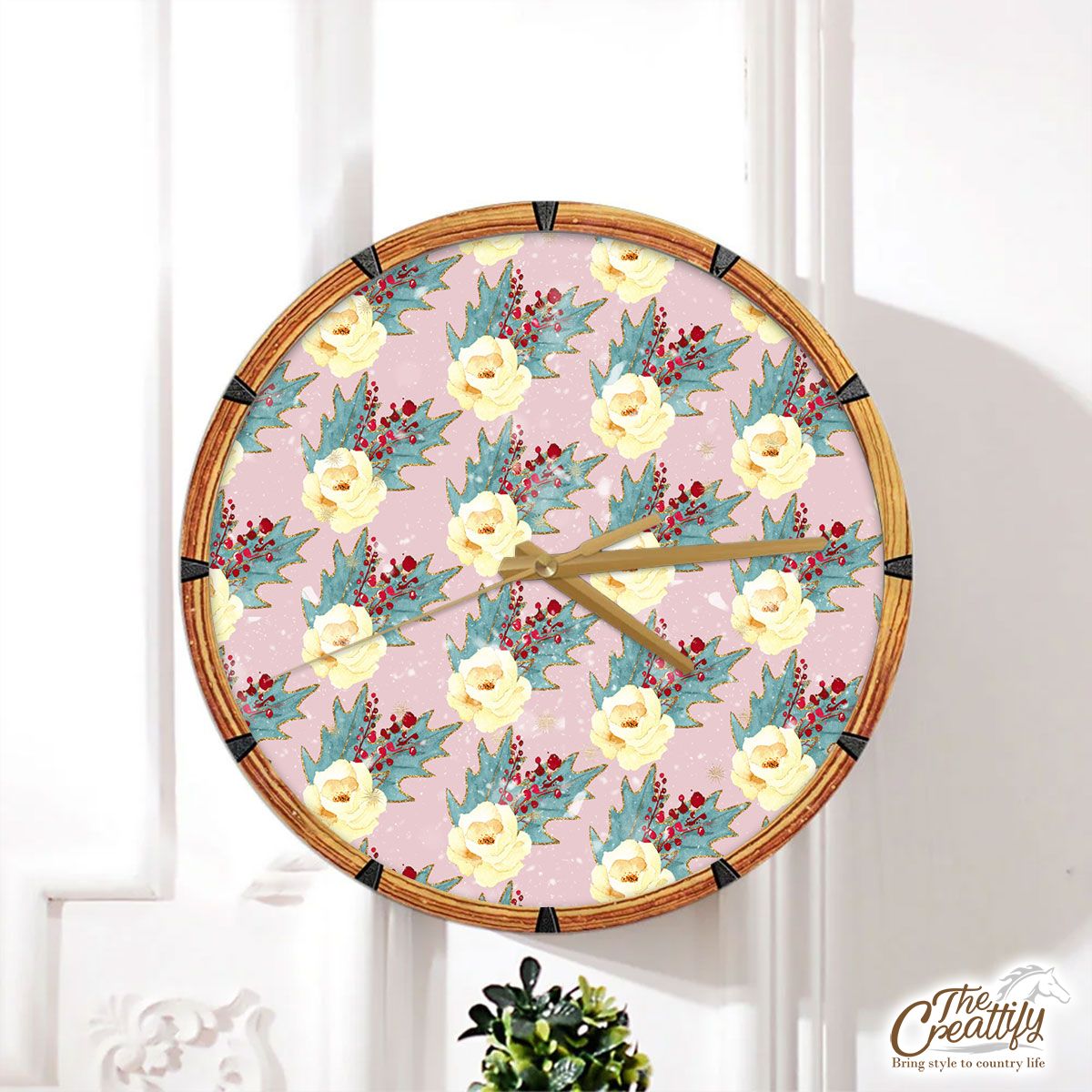 Floral And Holly Leaf Pattern Wall Clock