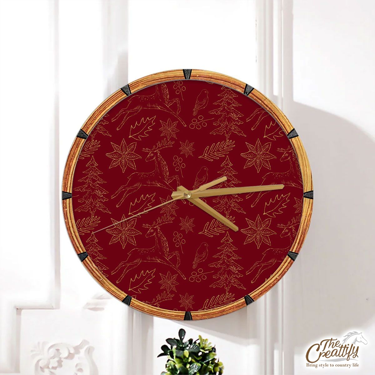 Poinsettia, Deer And Holly Leaf Pattern Wall Clock