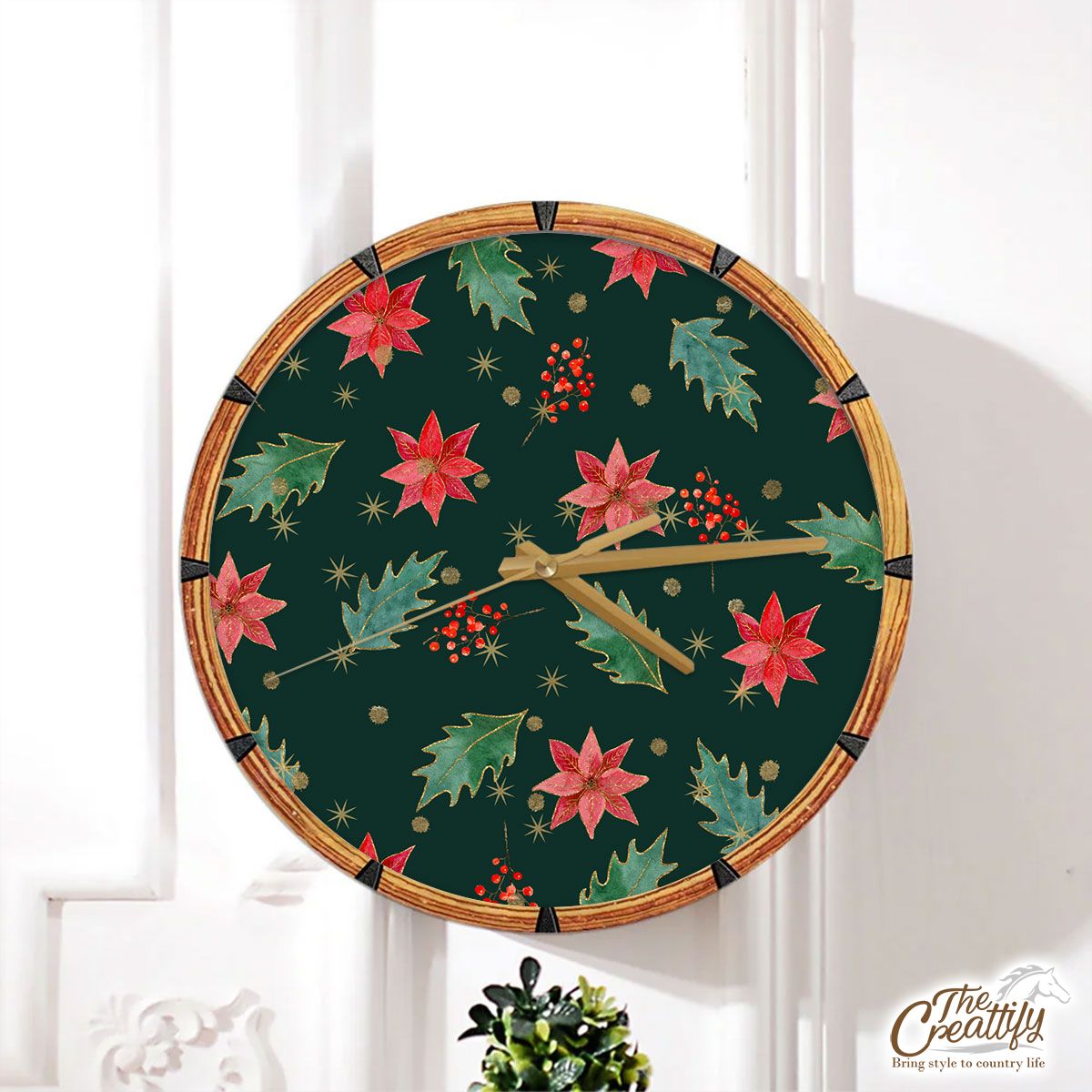 Poinsettias For Christmas And Holly Leaf Pattern Wall Clock