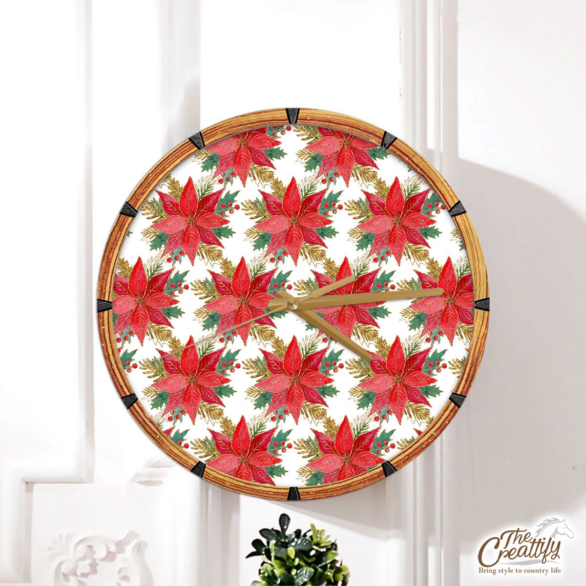 Poinsettias For Christmas Seamless Pattern Wall Clock
