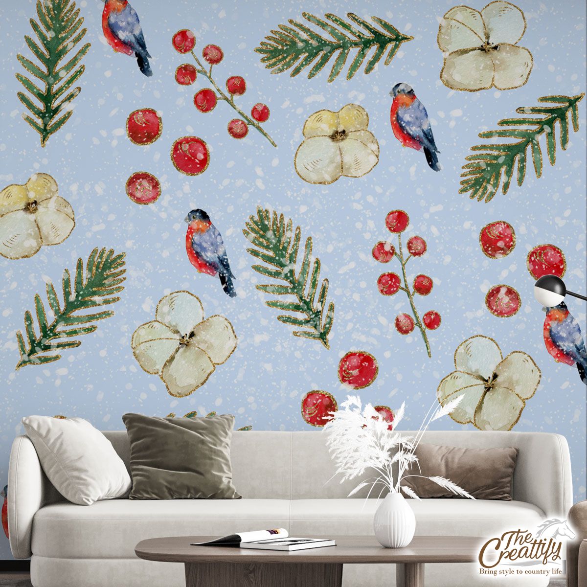 Bullfinch With Cotton And Thuja Pattern Wall Mural