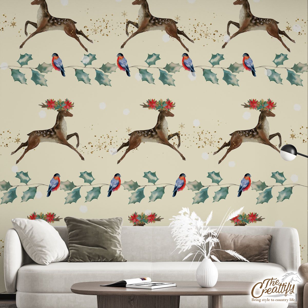 Christmas Deer And Bullfinch Pattern Wall Mural