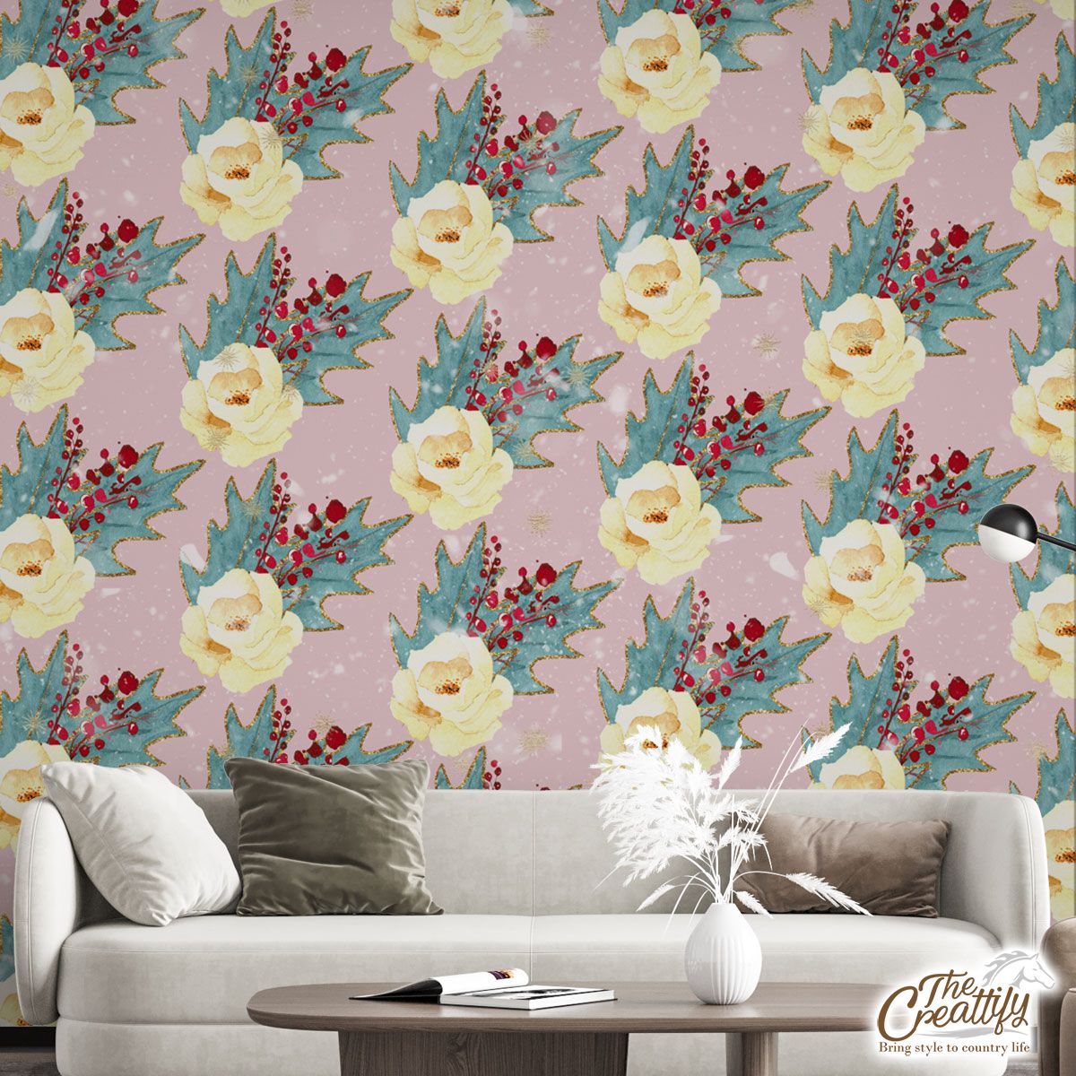 Floral And Holly Leaf Pattern Wall Mural