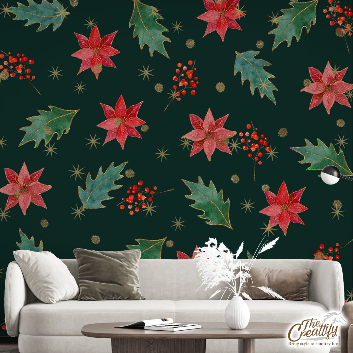 Poinsettias For Christmas And Holly Leaf Pattern Wall Mural