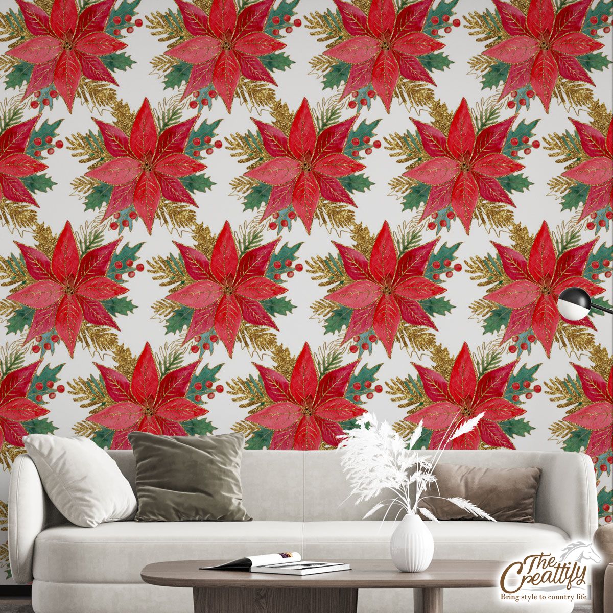 Poinsettias For Christmas Seamless Pattern Wall Mural