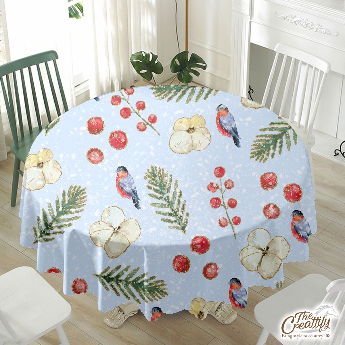 Bullfinch With Cotton And Thuja Pattern Waterproof Tablecloth